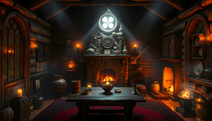 Obraz premium Interior of witch's room with magic attributes, table and fireplace isolated with white highlights, png