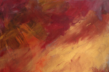 Art Oil and Acrylic brushstroke smear blot painting wall. Abstract grunge texture Gold, red, color stain background.