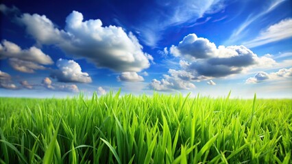 Obraz premium Macro green grass field with blue sky and clouds