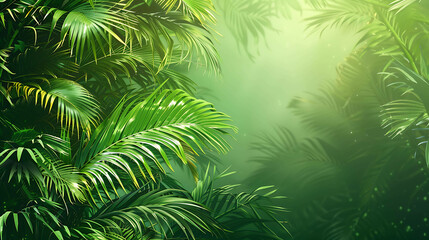 lush green foliage of a tropical rainforest with bright sunlight shining through the leaves