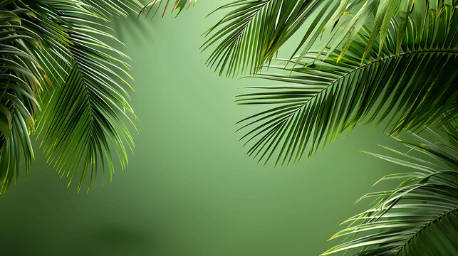 The image is a close-up of a lush green palm leaf. The leaf is backlit, which creates a dramatic effect.