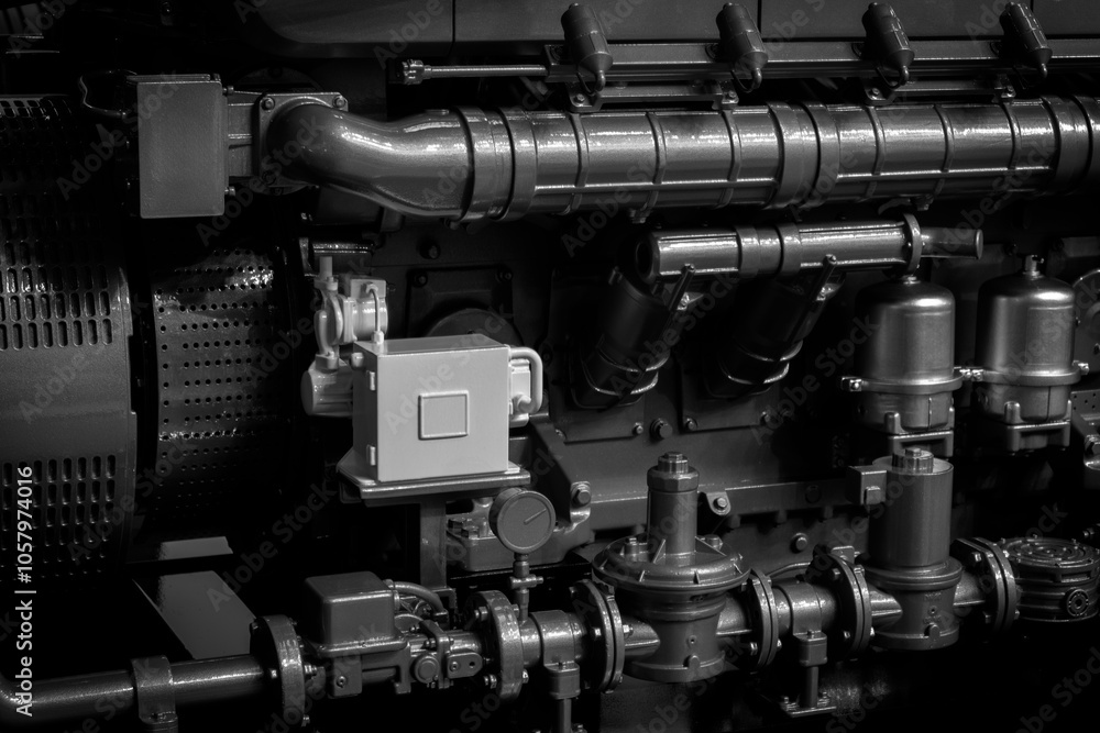 Poster a black and white photo of a large engine with a white switch on it. the engine is old and has a lot