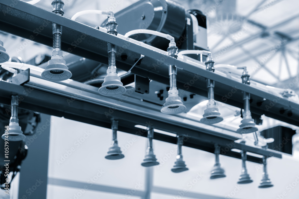 Poster A robot is holding a machine with  handles. The robot is in a factory setting. The machine is being used to hold a part in place