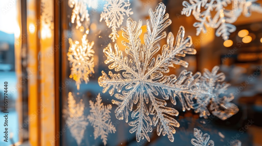 Poster close-up of intricate snowflake designs on a window pane.