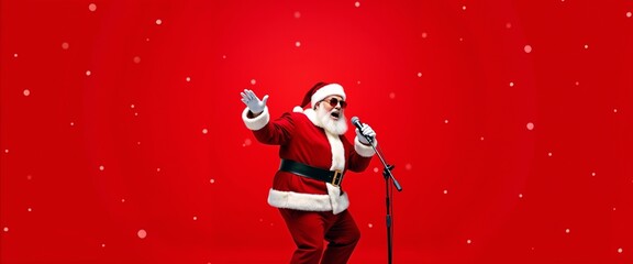 Santa Claus dressed in traditional attire, joyfully singing on a microphone against a red festive backdrop. Perfect image for Christmas celebrations and holiday promotions.


