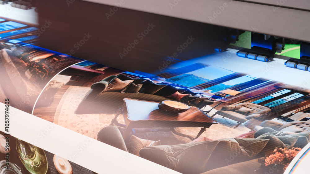 Poster a large printer is printing a picture of a living room with a couch and a chair. the couch is on the
