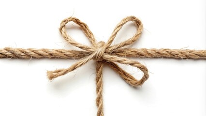 Macro packing rope made of jute with tied bow isolated on white background