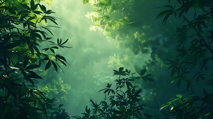 lush green foliage of a dense jungle canopy with dappled sunlight streaming through the leaves