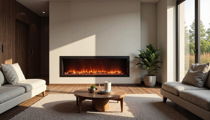 Modern electric fireplace with glowing logs in stylish living room