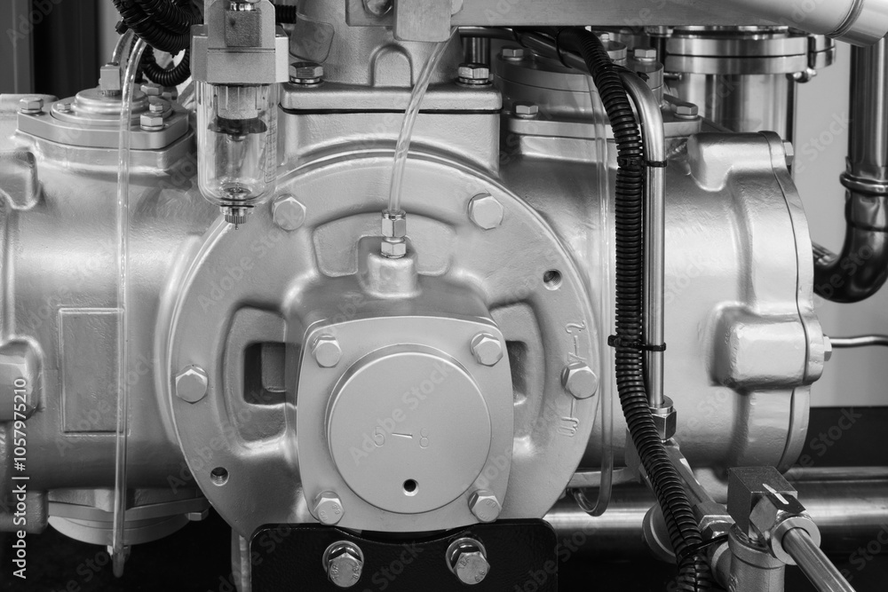 Poster a black and white photo of a large engine with a white switch on it. the engine is old and has a lot