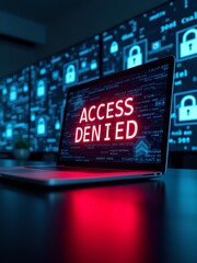 'Access Denied' red alert on the laptop screen and a futuristic screen in the background.