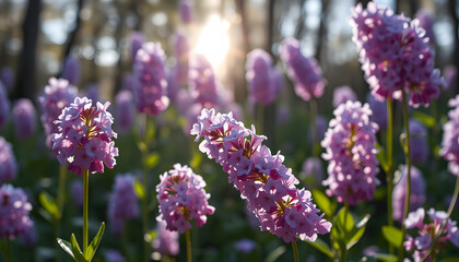 Obraz premium Spring flowering bloom wallpaper. Many lilac purple wild flowers in forest on glade glow in sun on a dark background macro soft focus. Spring templates, amazing magic artistic image isolated with wh
