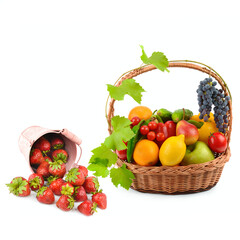 Ripe strawberries, set of vegetables and fruits in a wicker basket isolated on a white. Collage. There is free space for text.