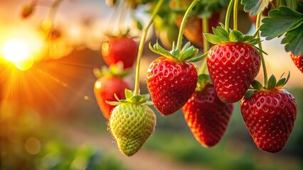 Macro recreation of red strawberries hanging in a plant at sunset