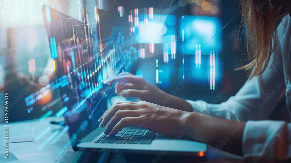 Poster hands typing on laptop with digital data overlay in technology setting