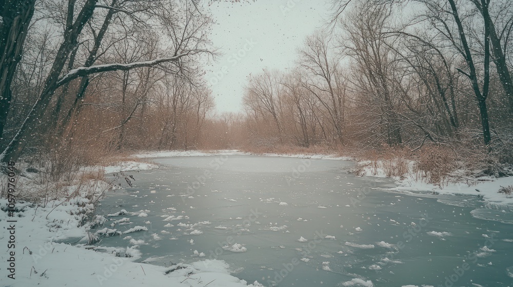 Poster a frozen pond in a snowy forest, with bare trees lining the edges and a dusting of snow on the groun