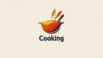  logo design for a cooking channel featuring the text "Cooking" , incorporates a pot and cutlery, utilizing solid colors in a warm palette against a white background for a clean and inviting aesthetic