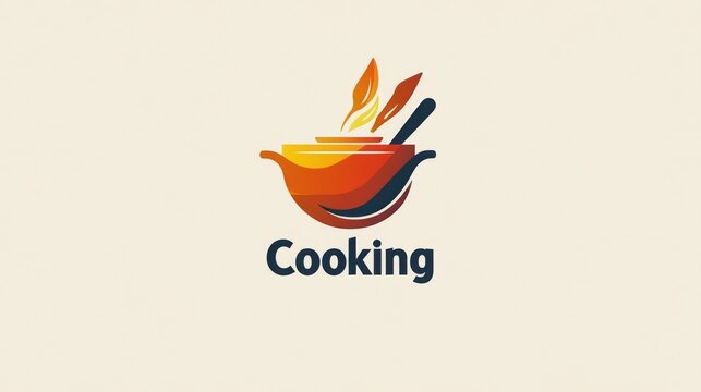  logo design for a cooking channel featuring the text "Cooking" , incorporates a pot and cutlery, utilizing solid colors in a warm palette against a white background for a clean and inviting aesthetic