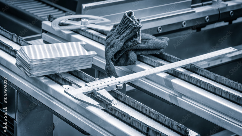 Poster on the factory metal work table lie a caliper protractor and a pair of gloves. metalworking handmade
