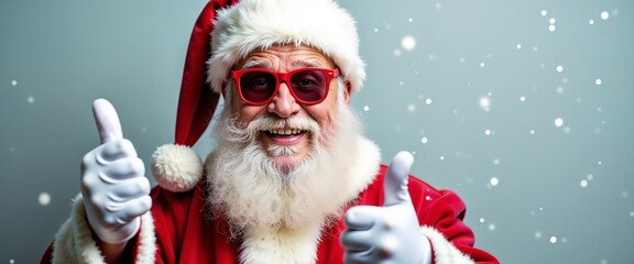 Jolly Santa Claus wearing red sunglasses and giving a thumbs up amidst falling snowflakes,...