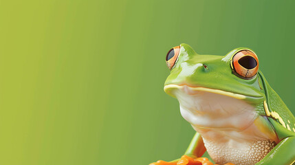 Obraz premium A beautiful green frog sits on a leaf in the rainforest. The frog has bright orange eyes and a white belly.