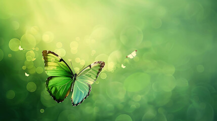 Green and white butterflies are flying in a lush green field. The sun is shining brightly, and the flowers are in bloom.