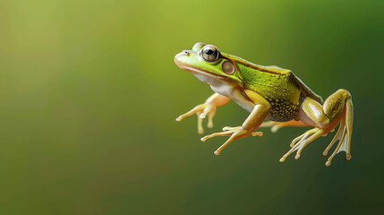Obraz premium A beautiful green frog sits on a leaf. The frog is looking at the camera. The background is blurred.