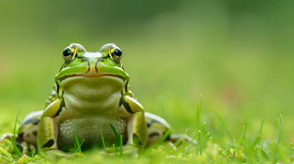 Obraz premium A green frog sits on a green leaf. The frog is looking at the camera. The frog is in focus and the background is blurred.
