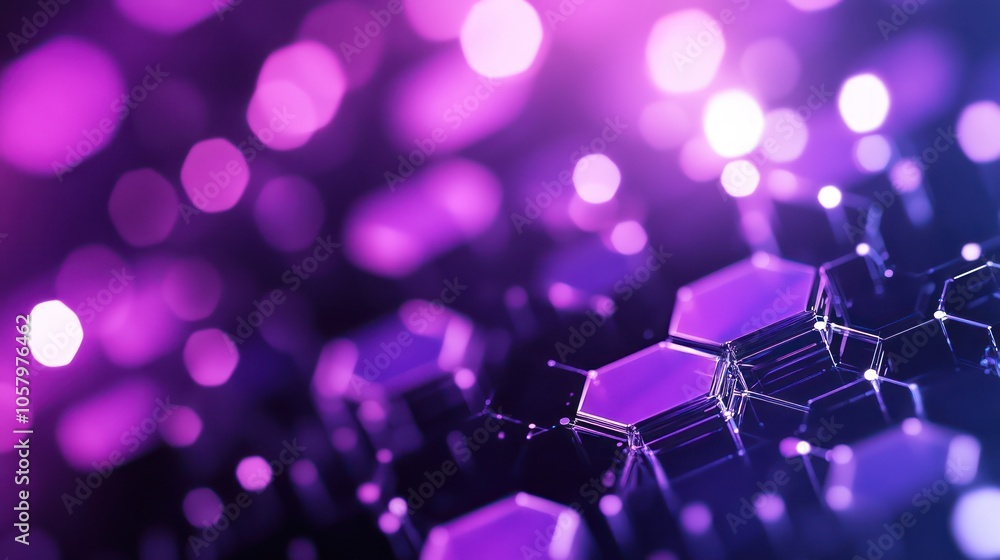 Wall mural abstract purple and blue hexagonal pattern with bokeh lights.