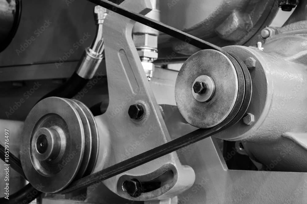Poster a machine with a black belt and a silver chain. the machine is made of metal and has a shiny appeara