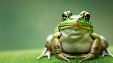 Obraz premium A cute green frog is sitting on a green leaf. The frog has big, round eyes and a wide smile. It is looking at the camera. The background is blurred.