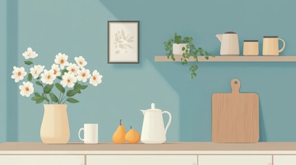 Cozy Kitchen Still Life with Flowers and Kitchenware