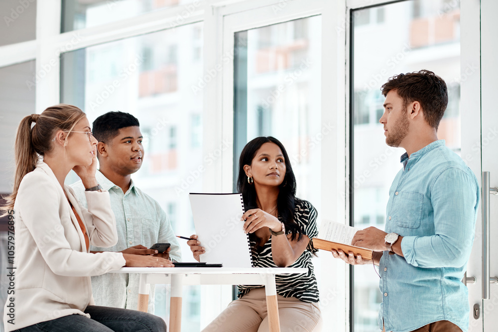 Aufkleber Man, business people and office meeting with discussion, notebook or listen in circle at startup company. Group, team and talk with paperwork for review, brainstorming or feedback at creative agency