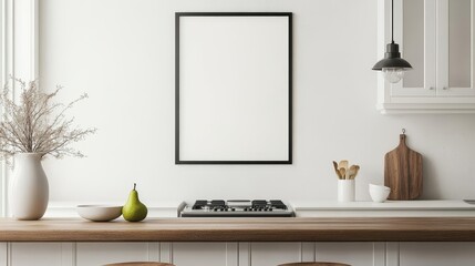 Modern Minimalist Kitchen Interior with Blank Frame and Stove