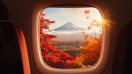 飛行機の窓からの富士山と秋の彩り