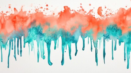 Abstract watercolor design with vibrant orange and turquoise drips and splashes.