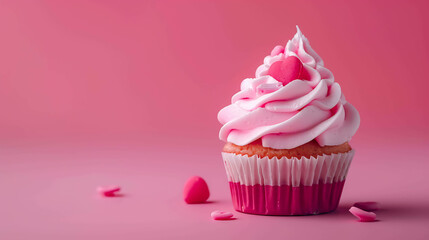 Scrumptious pink cupcake with creamy frosting and heart-shaped sprinkles, presented on a pink background.