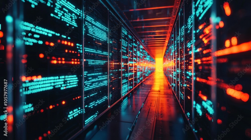 Poster data center corridor with rows of servers and glowing lights