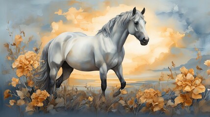 A stunning watercolor portrait of a horse captures its grace and strength. Soft brushstrokes blend hues, highlighting the horse's flowing mane and expressive eyes, evoking a sense of freedom. Oil art