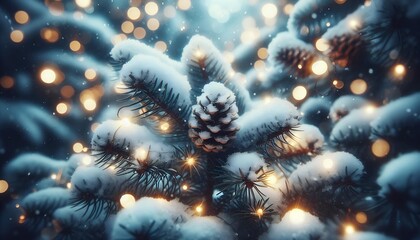 Fototapeta premium Snow-covered pine branch with bokeh lights