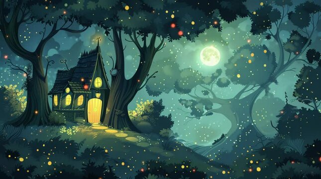 Glowing fantasy house under a tree in a magical landscape, surrounded by ethereal lights and enchanting nature
Seamless looping 4k time-lapse virtual video animation Generated AI