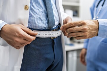 Doctor measuring waist circumference symbolizing health assessment weight management and preventive care in clinical environment