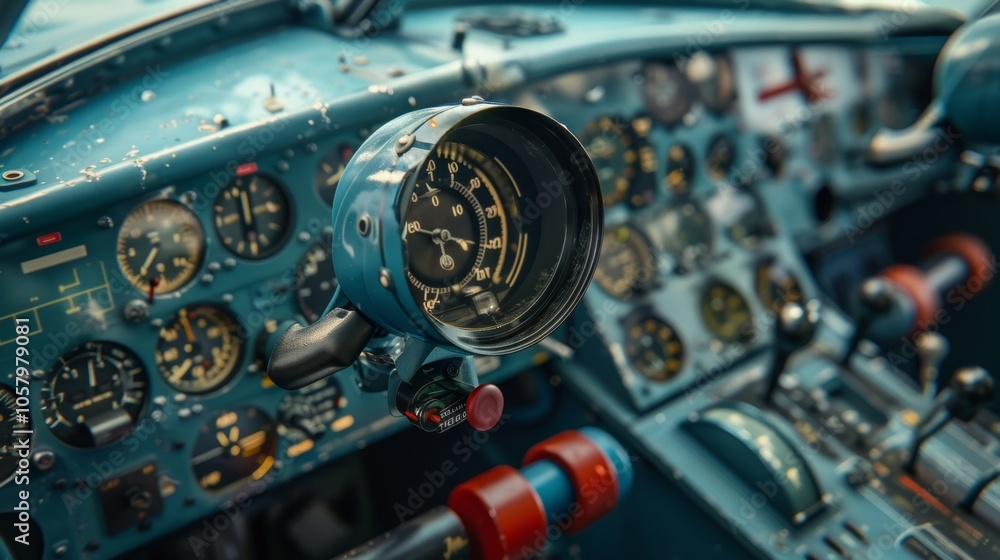 Poster closeup of a replica cockpit complete with authentic dials levers and buttons modeled after a real p