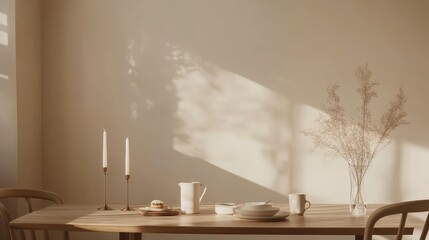 Serene Minimalist Dining Table with Soft Natural Light and Decorative Elements