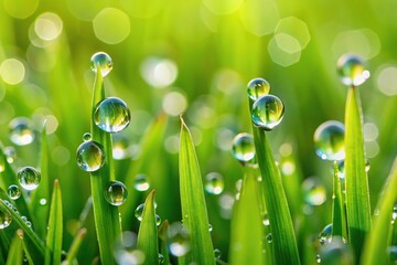 Macro water drops on green grass with tilted angle