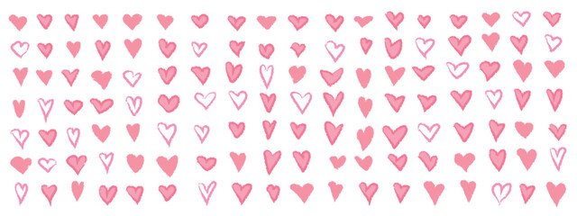 Set collection of many unique hand drawn charcoal doodle vintage pink textured hearts on background