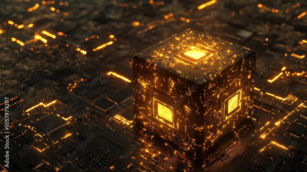 Poster a glowing cube sits on a circuit board, symbolizing advanced technology and innovation.