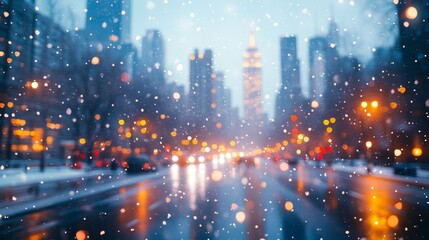 Snow falls on a city at night.