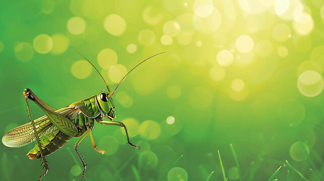 A green grasshopper sits on a blade of grass against a blurred background of green bokeh.