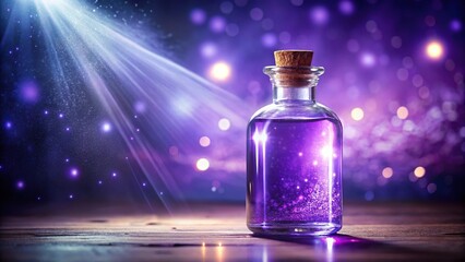 Magical healing potion in glass bottle with violet and white colors, leading lines